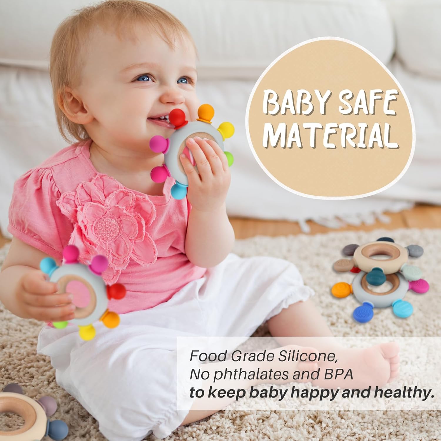 Juguetes de dentición para bebés, mordedores masticables de silicona con anillo de madera para calmar las encías de los bebés, regalo de ducha de