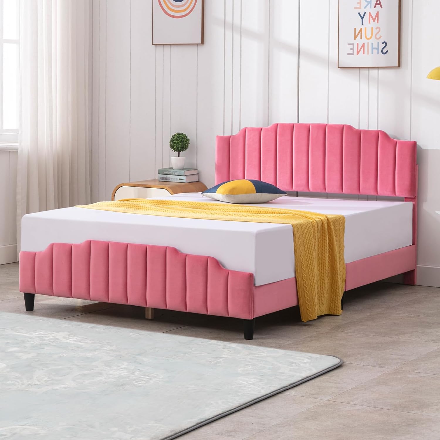 Zafly – Marco de cama de tamaño matrimonial para niños con cabecera y estribo, marco de cama para dormitorio infantil, plataforma de cama tapizada