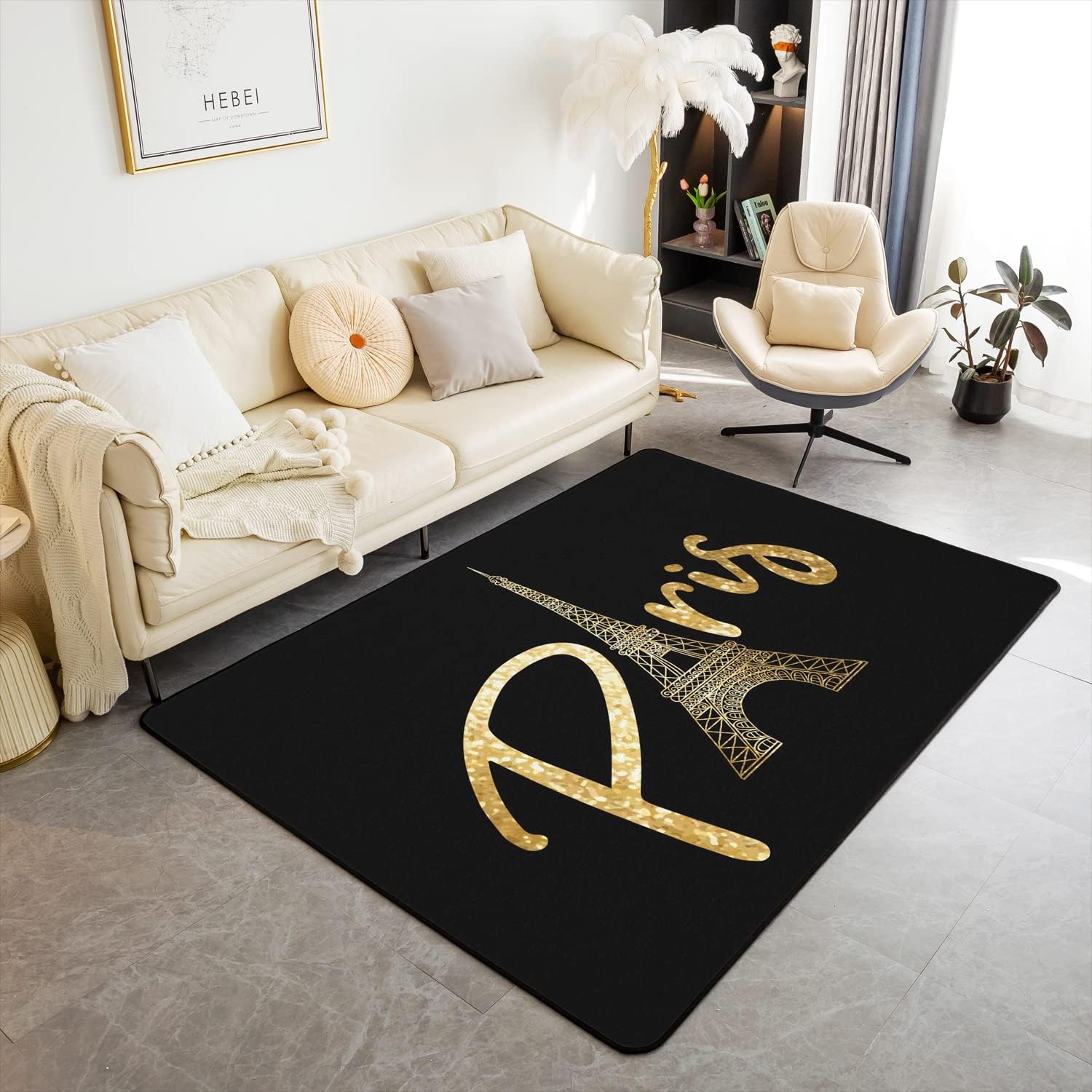 jejeloiu Alfombra de área de la Torre Eiffel, alfombra decorativa de París, diseño de viaje, alfombra de piso negro dorado para interiores, 5 x 7