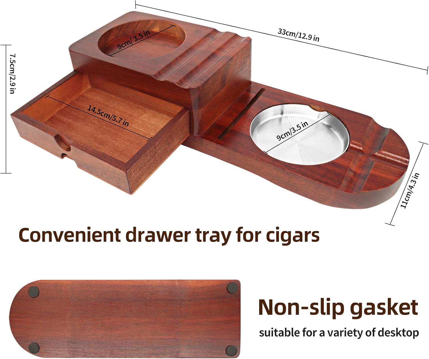 Cenicero de cigarros, bandeja de vidrio para whisky y bandeja de ceniza de madera con cortador de puros, incluye cajón y ranura para sostener puros,