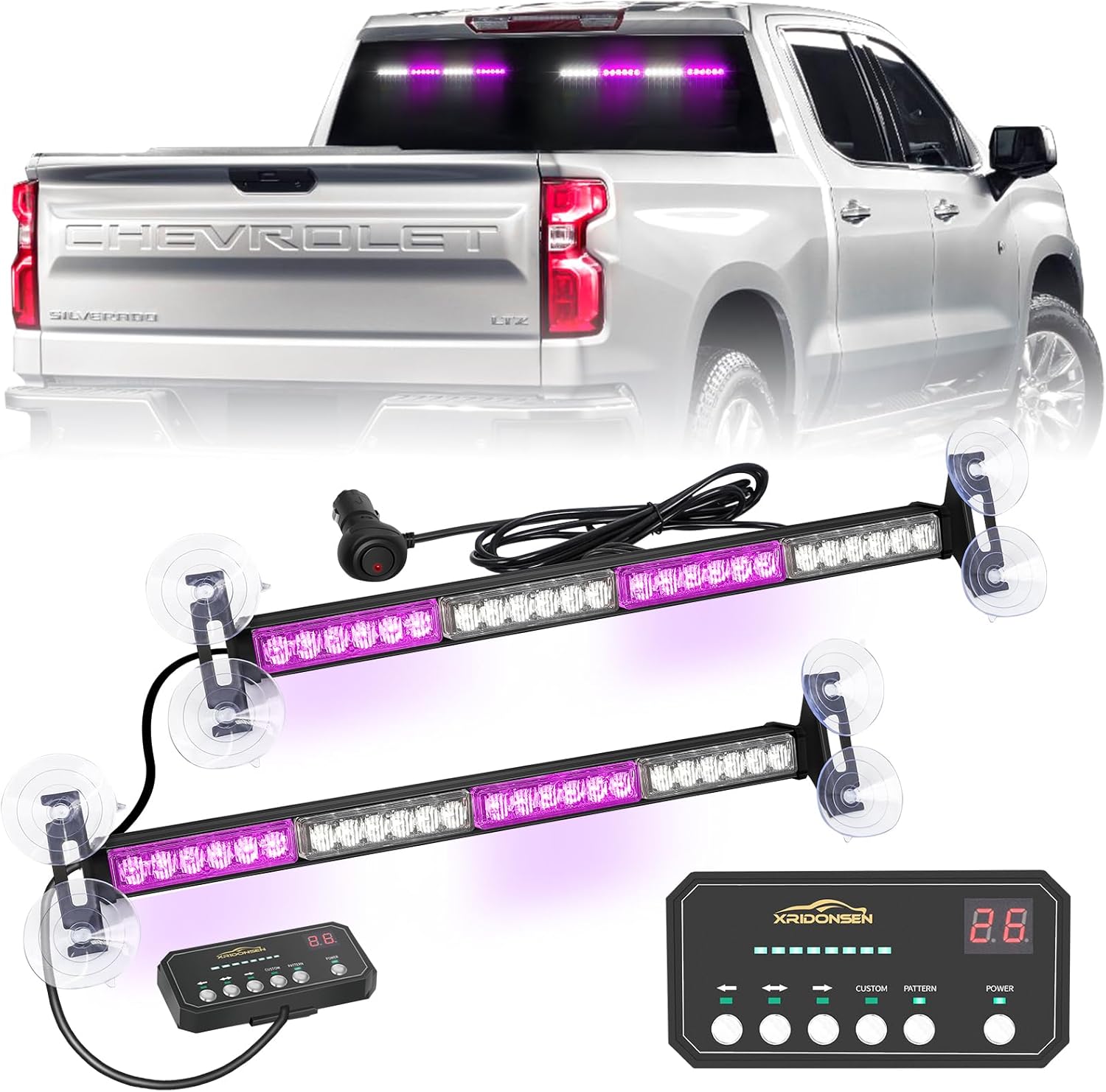 XRIDONSEN 2 barras de luz blanca y púrpura de 18.5 pulgadas para asesor de tráfico, 48 luces LED de advertencia de emergencia intermitentes, luces