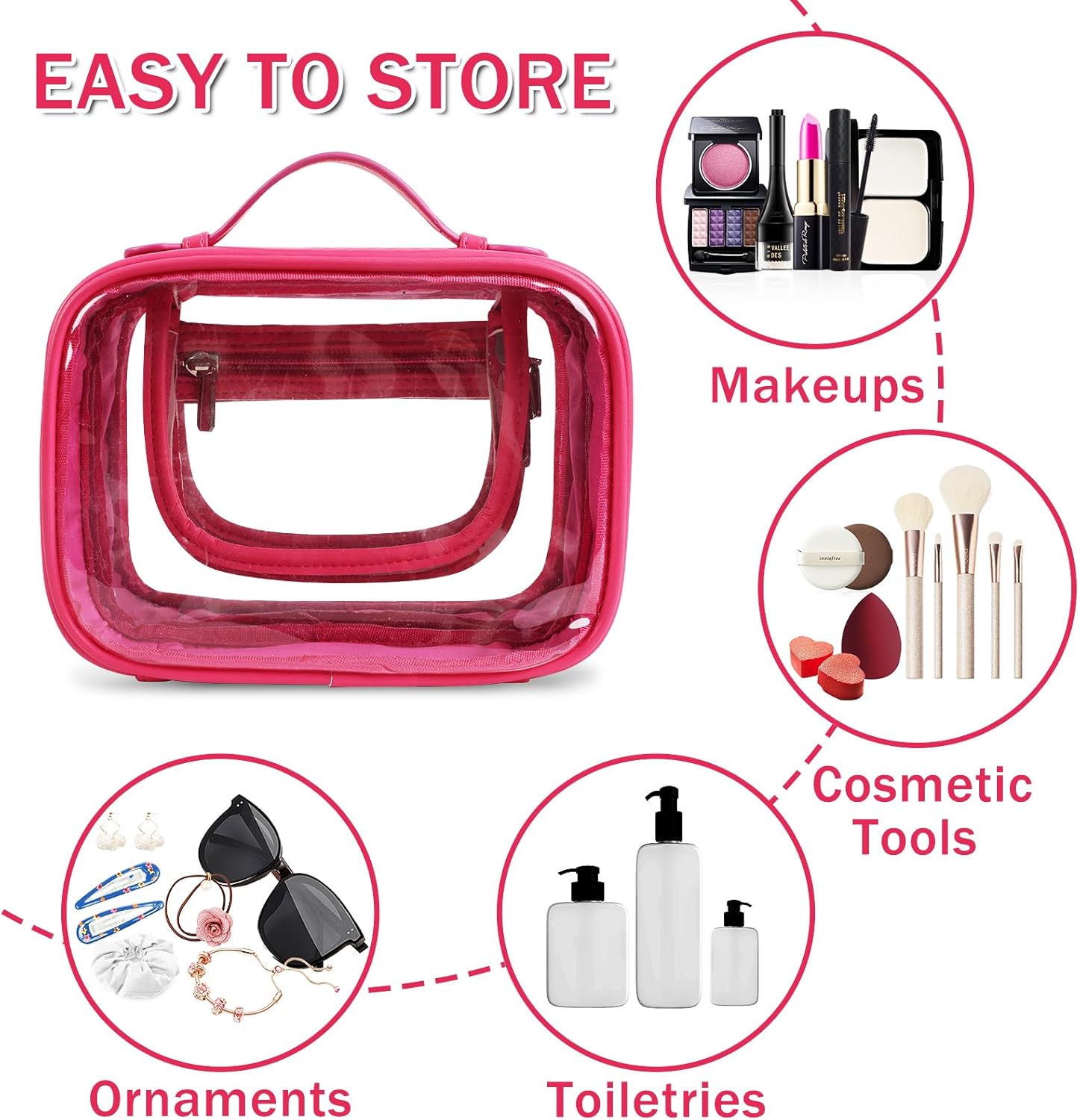 Iqimott Neceser de viaje Bolsa de maquillaje transparente, bolsa de cosméticos con cremallera aprobada por la TSA, Rosa rojo, Moda