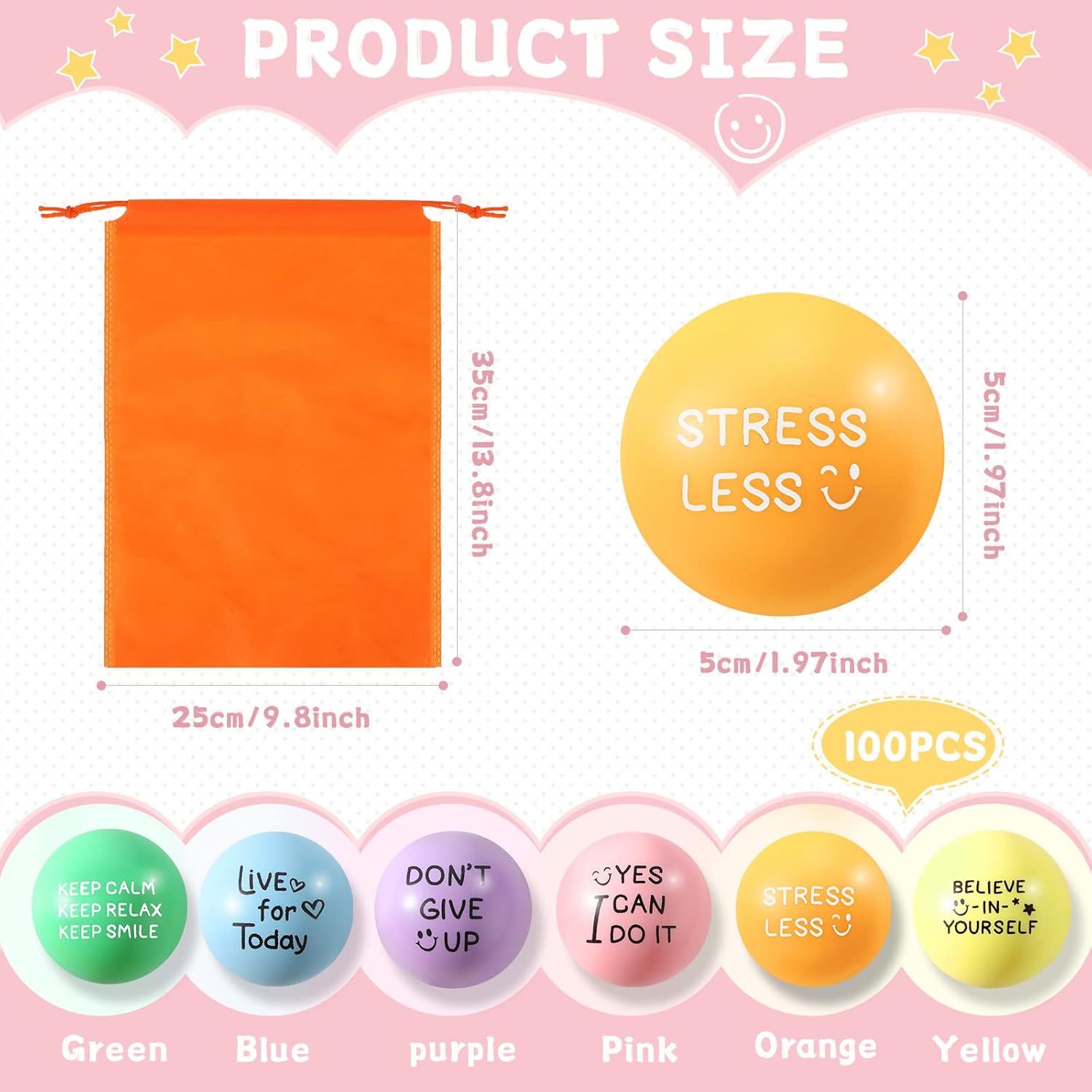 Shappy 100 bolas motivacionales para el estrés a granel de 1.97 pulgadas, bola de espuma colorida para aliviar el estrés con citas, pequeña bola