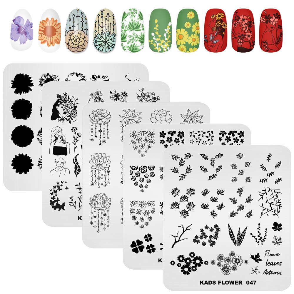 KADS 5pcs Nail Stamp Placas Set Uñas Arte Estampado Placa Hojas Flores Animal Nail Plate Plantilla Imagen Placa