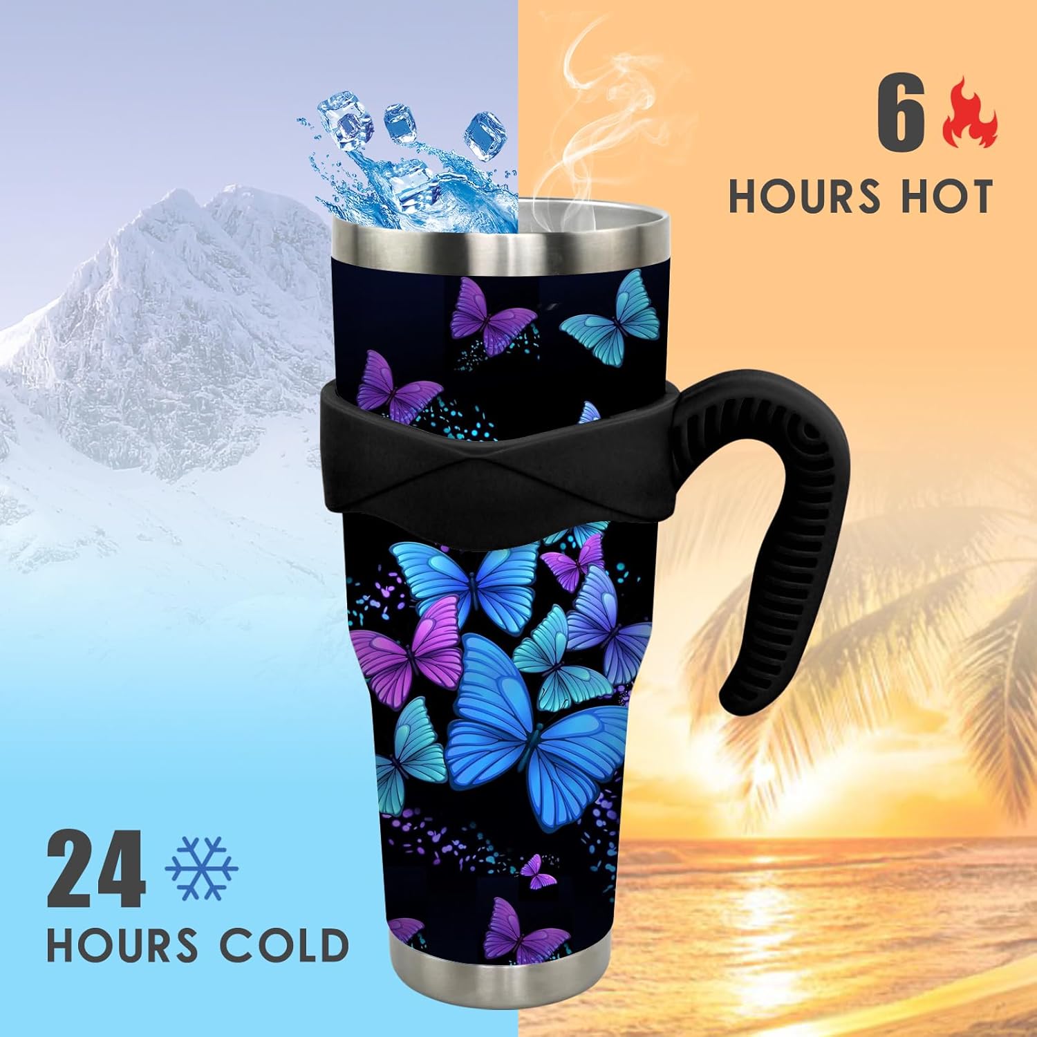 Vaso de 40 onzas con asa y popote de 40 onzas, taza de mariposa azul y morada, taza de viaje aislada para café a prueba de derrames, a prueba de