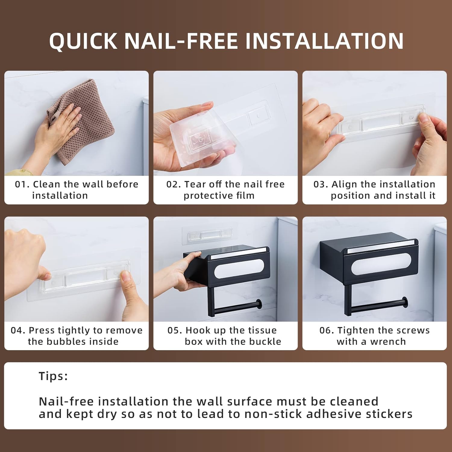 Soporte de papel higiénico autoadhesivo negro mate, material ABS de alta calidad, soporte de papel higiénico de montaje en pared con estante y caja