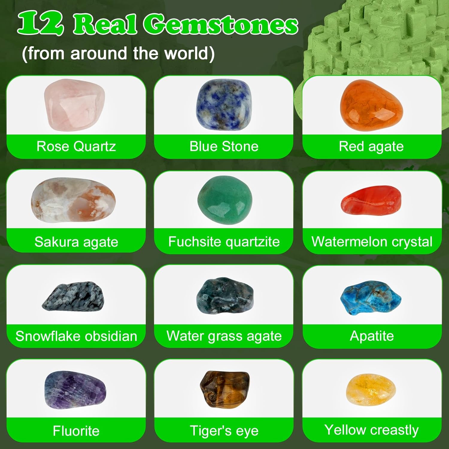 Kit de excavación de piedras preciosas (forma única), gran kit de ciencia STEM para niños, excava tus propias 12 piedras preciosas reales, juguetes
