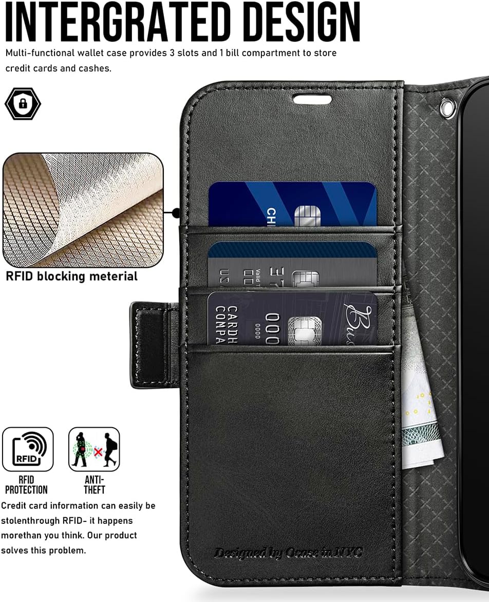 OCASE Funda tipo cartera compatible con iPhone 15 Plus, de piel sintética, con tarjeteros, bloqueo RFID, soporte de protección contra golpes,