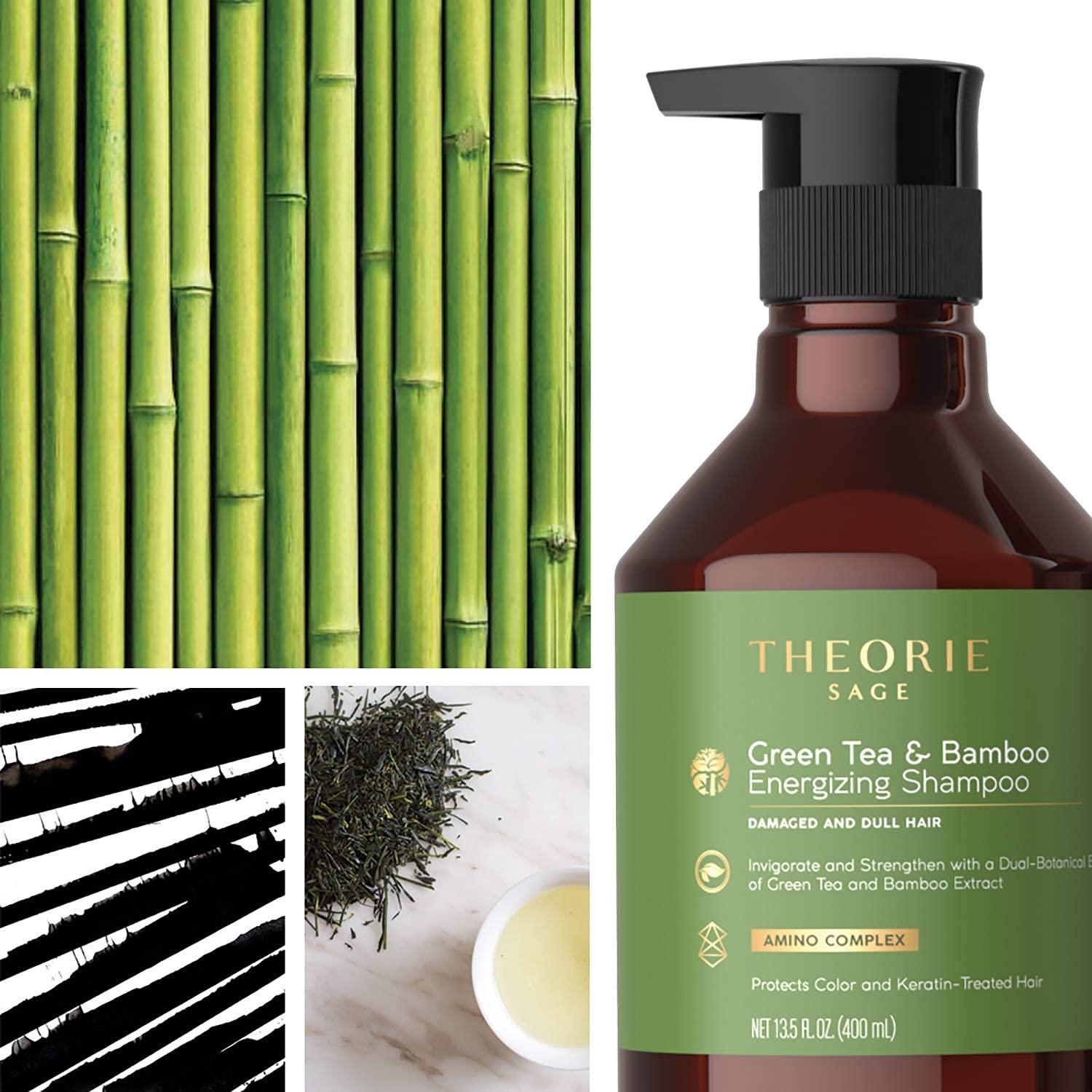 Theorie Té verde y bambú – vigoriza y fortalece, aroma irresistible de té verde, jazmín, ámbar y ciprés – para cabello dañado y opaco – Seguro para
