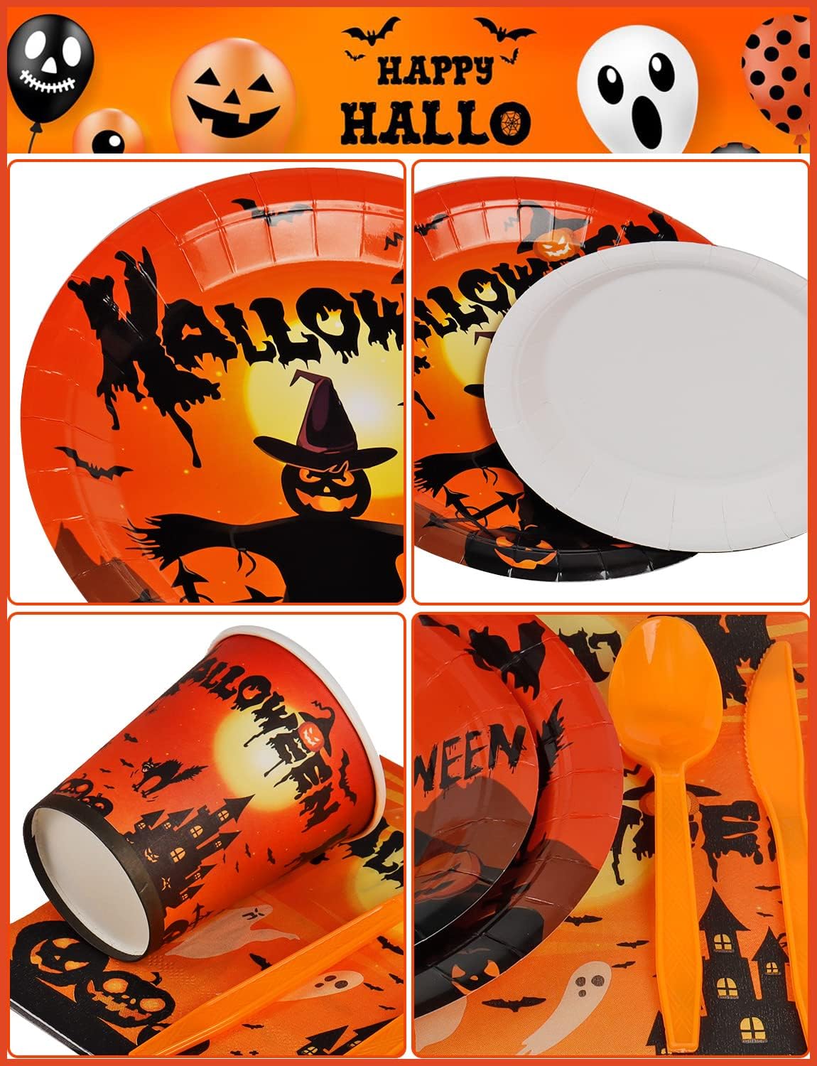 141 piezas de suministros para fiesta de Halloween  Decoración de fiesta de Halloween incluye platos, vasos, servilletas, pancarta, cubiertos,