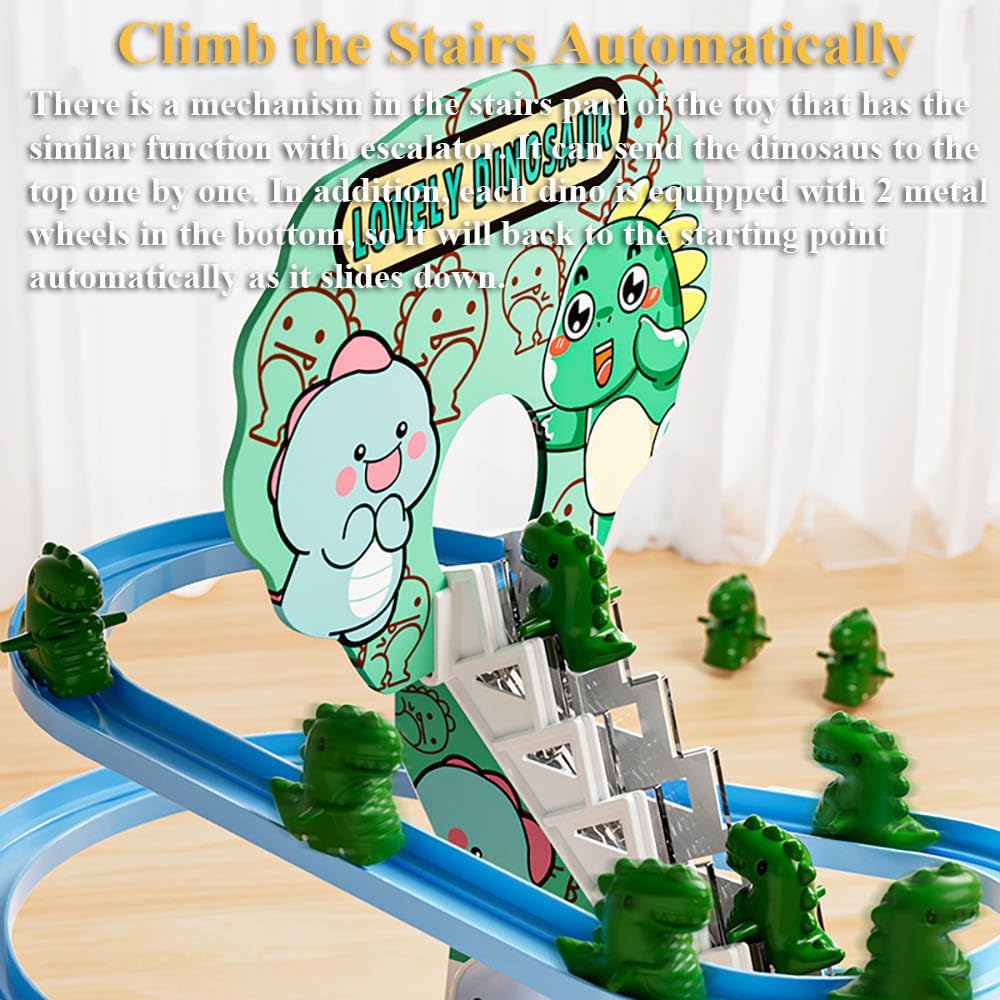 Juego de juguetes de diapositivas de dinosaurio, divertido juguete de dinosaurio escalera mecánica de dinosaurio automático para subir escaleras