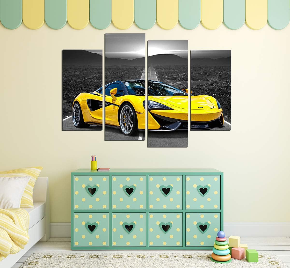 Póster de pared en blanco y negro, 4 piezas de automóvil deportivo amarillo grande, lienzo para habitación de niños, dormitorio, sala de estar,
