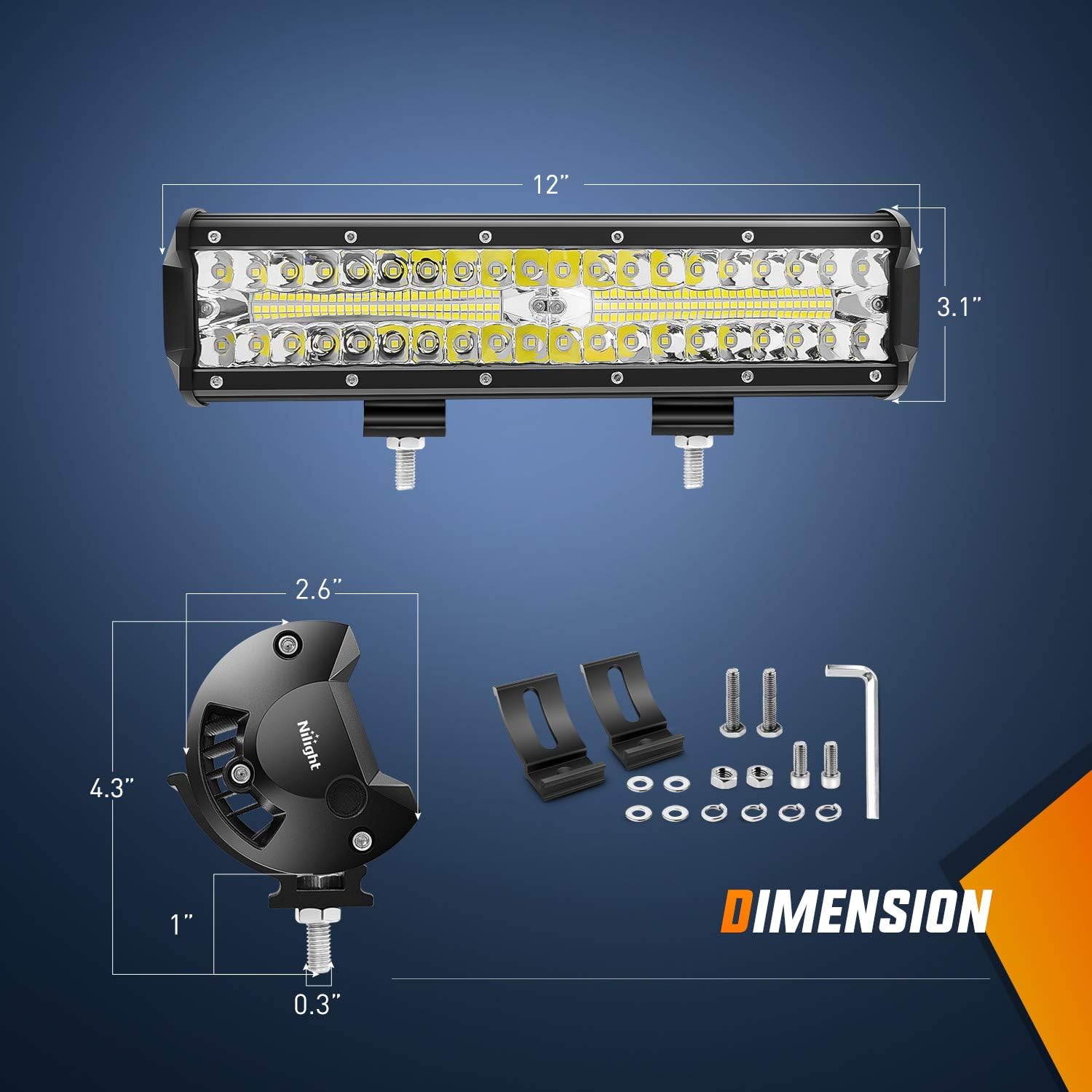 Nilight ZH411-A 12 pulgadas, 12 pulgadas, 300 W, triple fila de inundación, combo de 30000 lm, luces LED todoterreno y 90027B 2 piezas de barra de