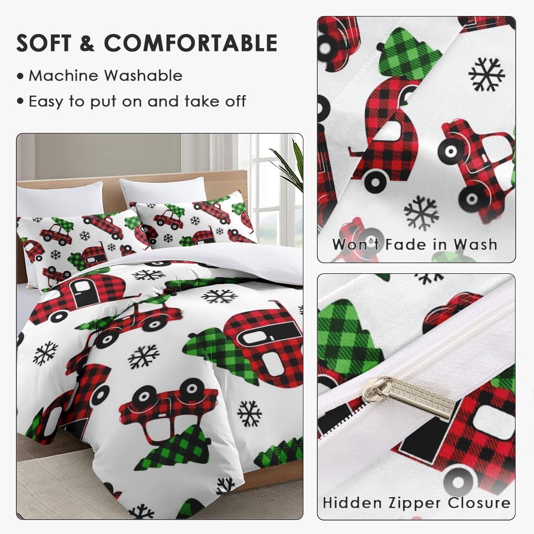 Funda de edredón tamaño Queen, juego de ropa de cama de Navidad a cuadros de búfalo rojo con cierre de cremallera para niños y adultos, funda de