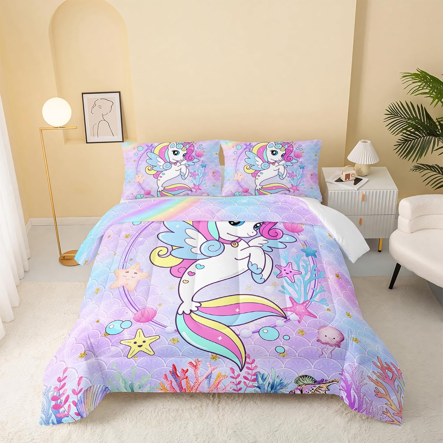 Edredón de unicornio de sirena, tamaño individual, juego de edredón de unicornio para niños, juego de ropa de cama de 3 piezas, edredón impreso con