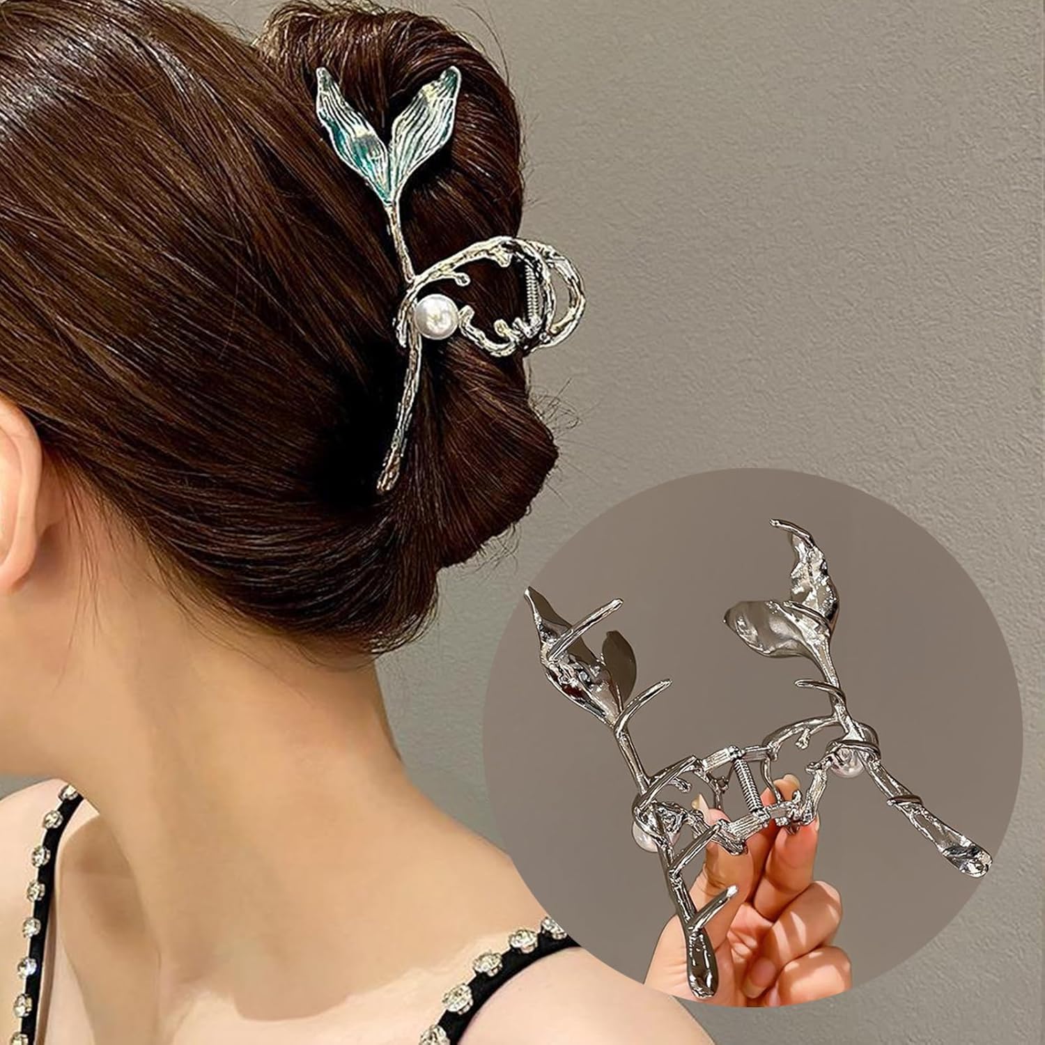 Pinzas para el cabello de cola de pez azul con diseño de perlas, clip de garra de metal para cabello grueso, clip de pelo plateado grande, pinzas de