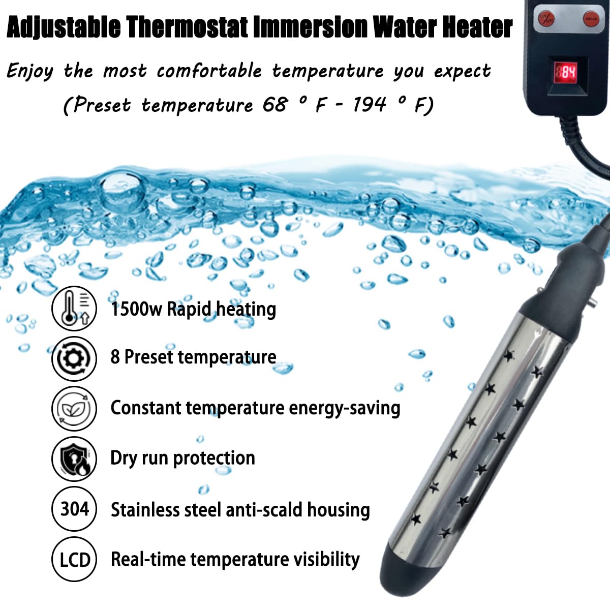 HAIYEATBNB Calentador de agua de inmersión, calentador de cubo eléctrico con control de temperatura ajustable, evita el funcionamiento en seco,