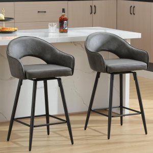 Juego de 2 taburetes de bar giratorios modernos, de 27 pulgadas, tapizados de poliuretano, altura de mostrador, con patas de metal, respaldo hueco Juego de 2 taburetes de bar giratorios modernos, de 27 pulgadas, tapizados de poliuretano, altura de mostrador, con patas de metal, respaldo hueco