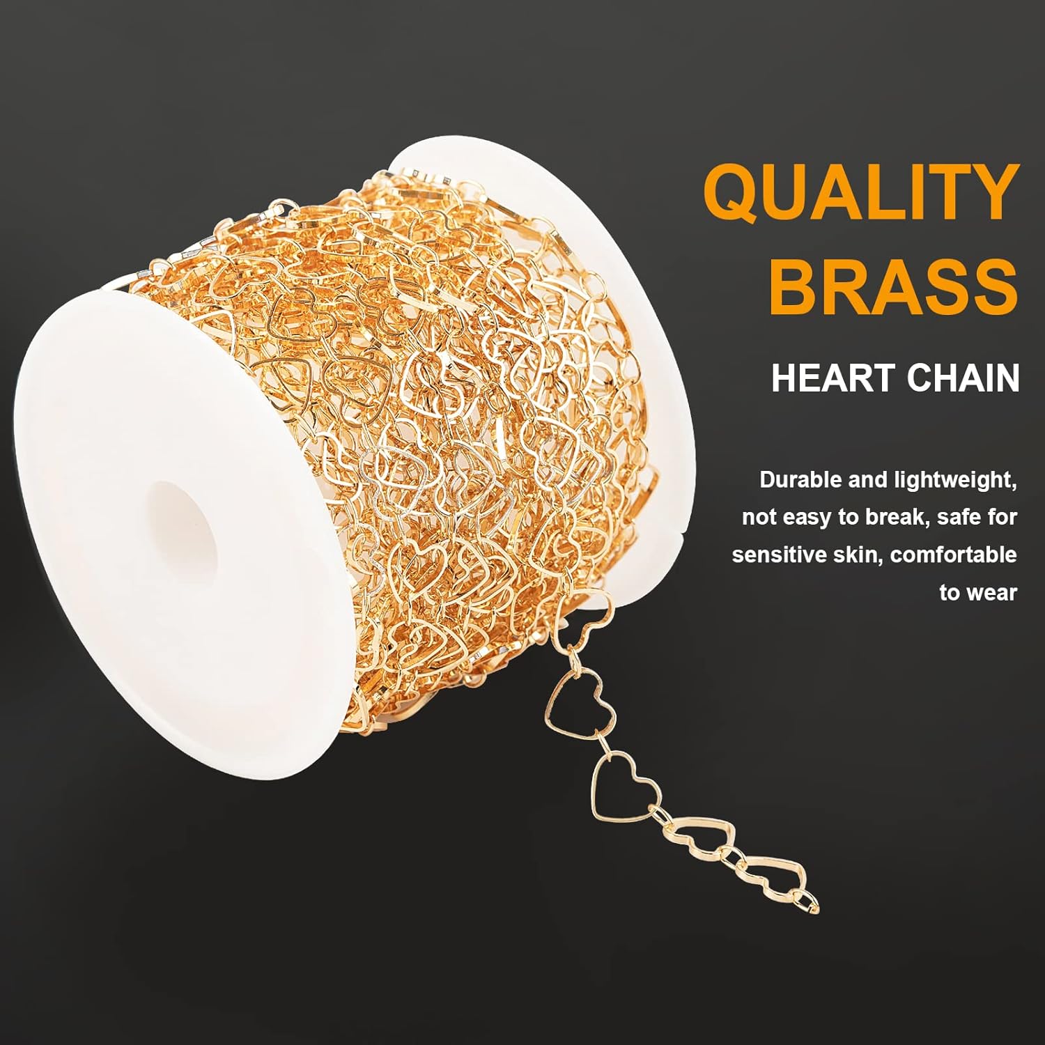 KYUNHOO Cadena de fabricación de joyas chapada en oro KC de 5M Cadenas de corazón de latón macizo a granel en carrete, pulsera, collar, suministros