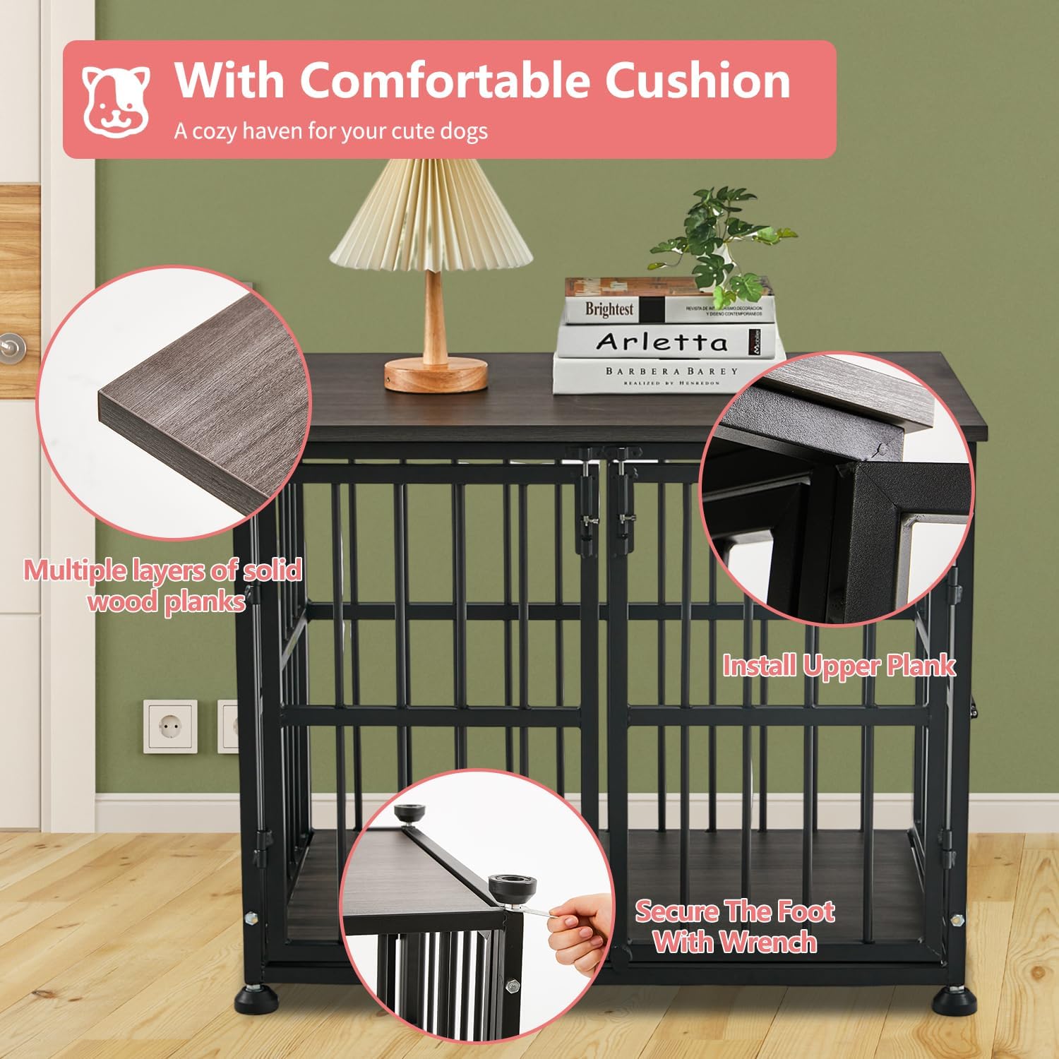 Mueble resistente de 32 pulgadas para perros medianos y grandes, mesa auxiliar de madera para perros, jaula decorativa para mascotas con 3 puertas
