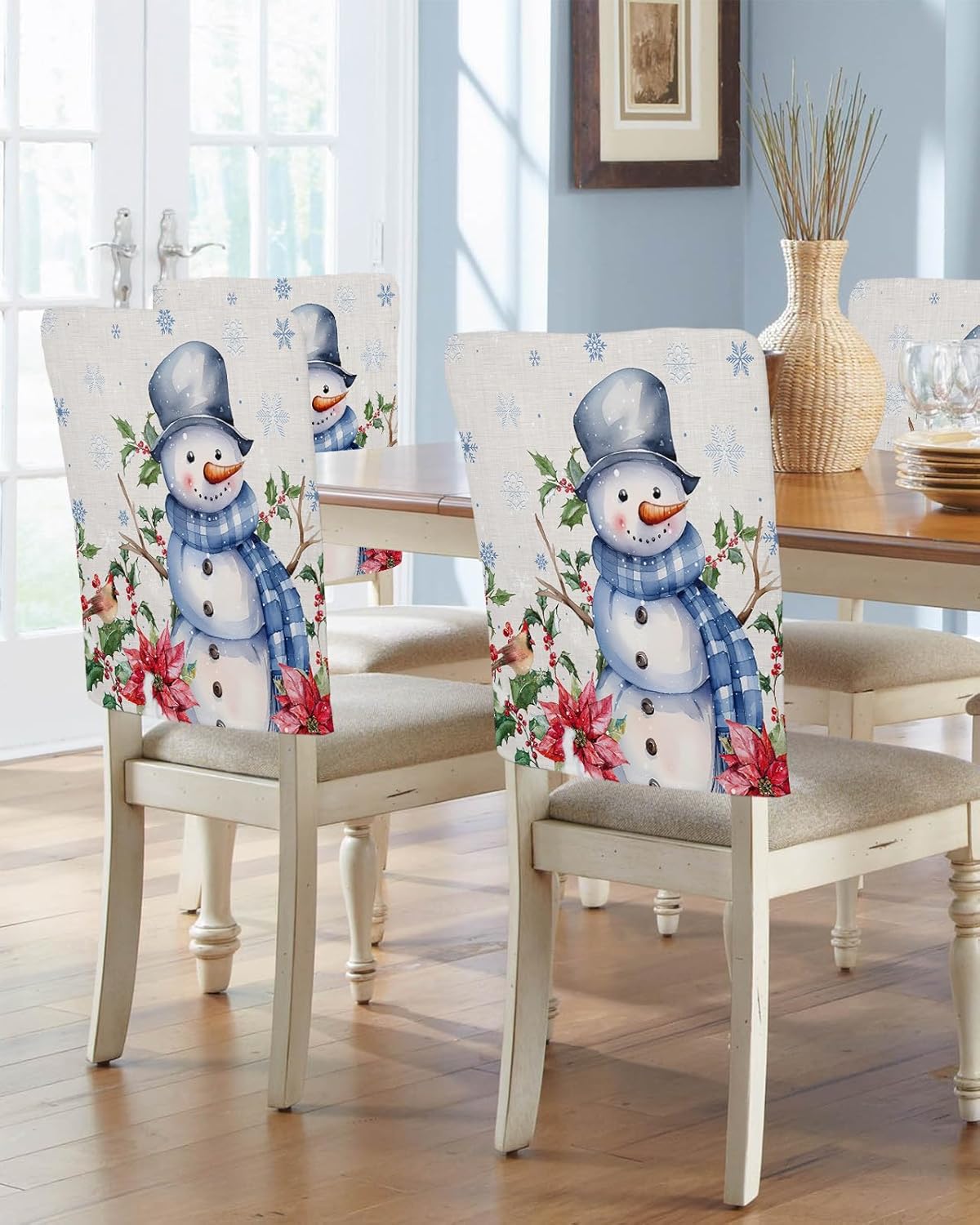 Paquete de 4 fundas de respaldo de silla de Navidad con muñeco de nieve azul para sillas de comedor, fundas extraíbles lavables para silla de