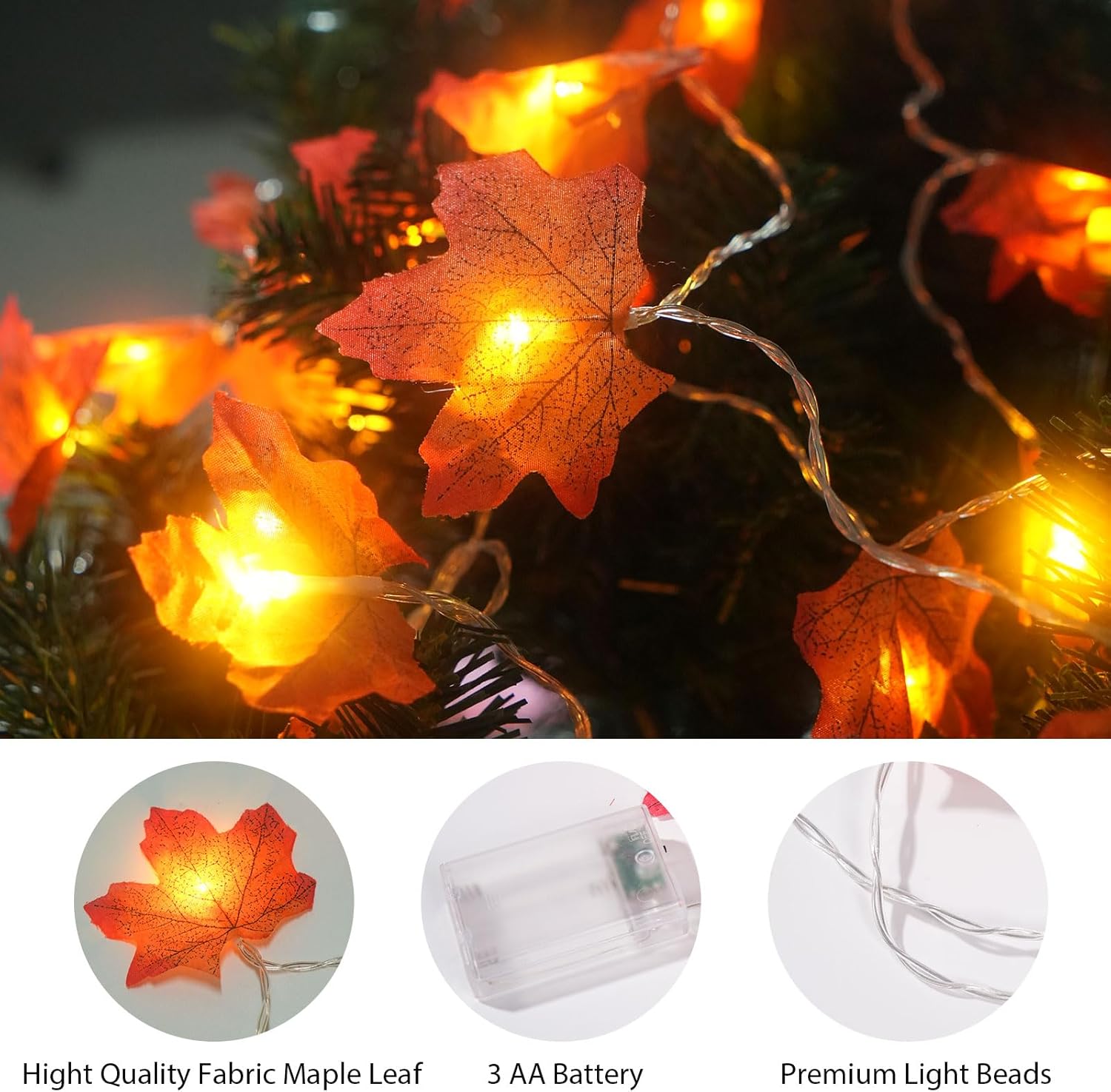 Paquete de 2 luces de hoja de arce, decoraciones de Acción de Gracias para el hogar, guirnalda de hojas con luces, total de 30 pies, 60 luces LED de