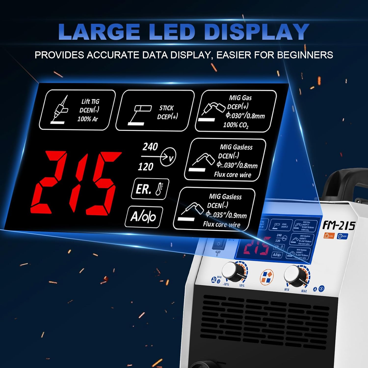 FLARING Soldador MIG, pantalla digital LED de 215 amperios, sinérgica MIG 120 V240 V Voltaje dual, 6 en 1 Gas MIGflujo sin gas núcleo MIGStickLift