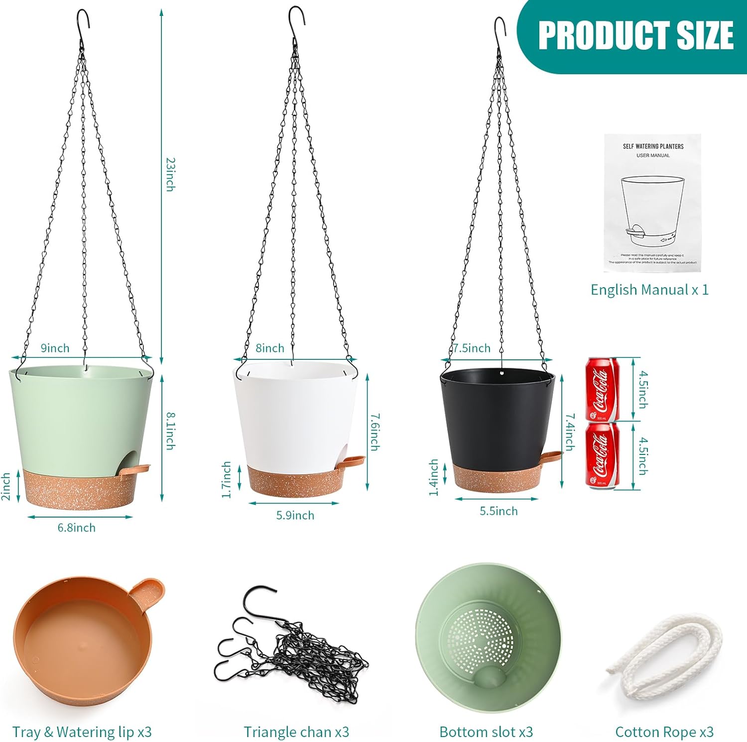SFENNGPET Macetas colgantes con autorriego, paquete de 3 macetas colgantes para plantas de interior y exterior, cestas colgantes con agujeros de