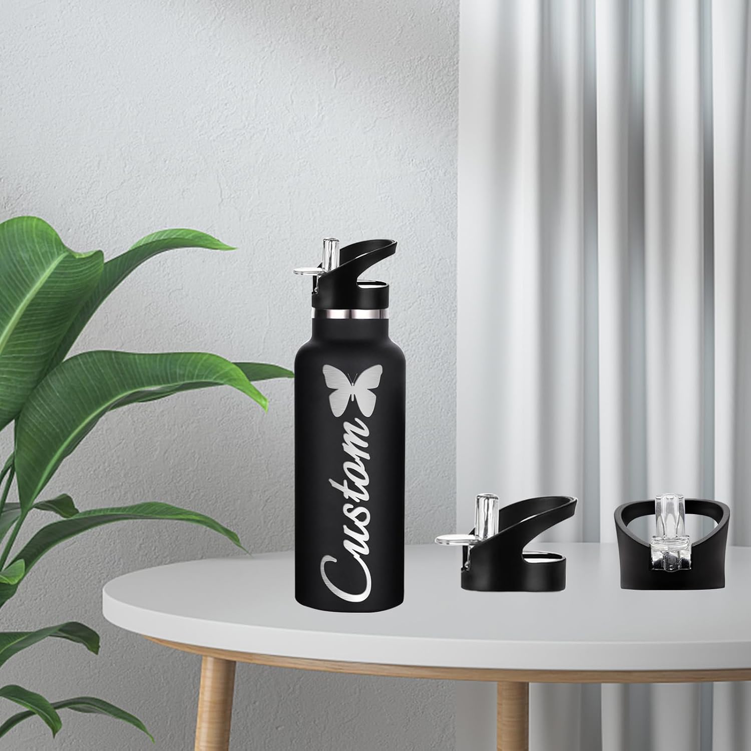 Botellas de agua personalizadas de 12 onzas, botella de agua de acero inoxidable personalizada con tapa con pajilla, botellas de doble pared