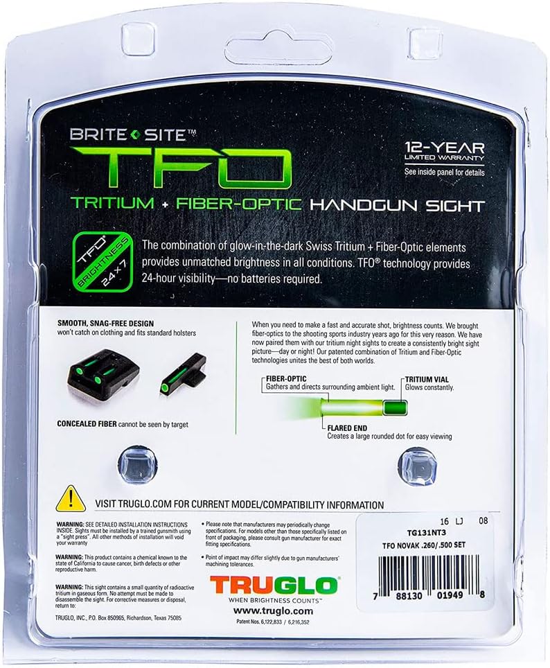 TRUGLO TFO Tritio y mira de pistola de fibra óptica  Juego de mira nocturna delantera y trasera compacta duradera de alta visibilidad, compatible