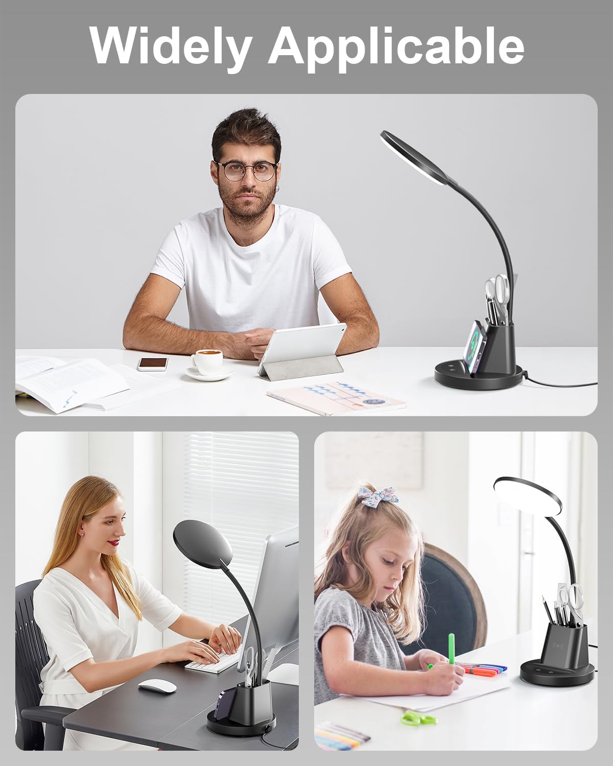 GOLSPARK Lámpara de escritorio con cargador inalámbrico para oficina en casa, lámpara de lectura que cuida los ojos, 3 modos de color, lámpara de