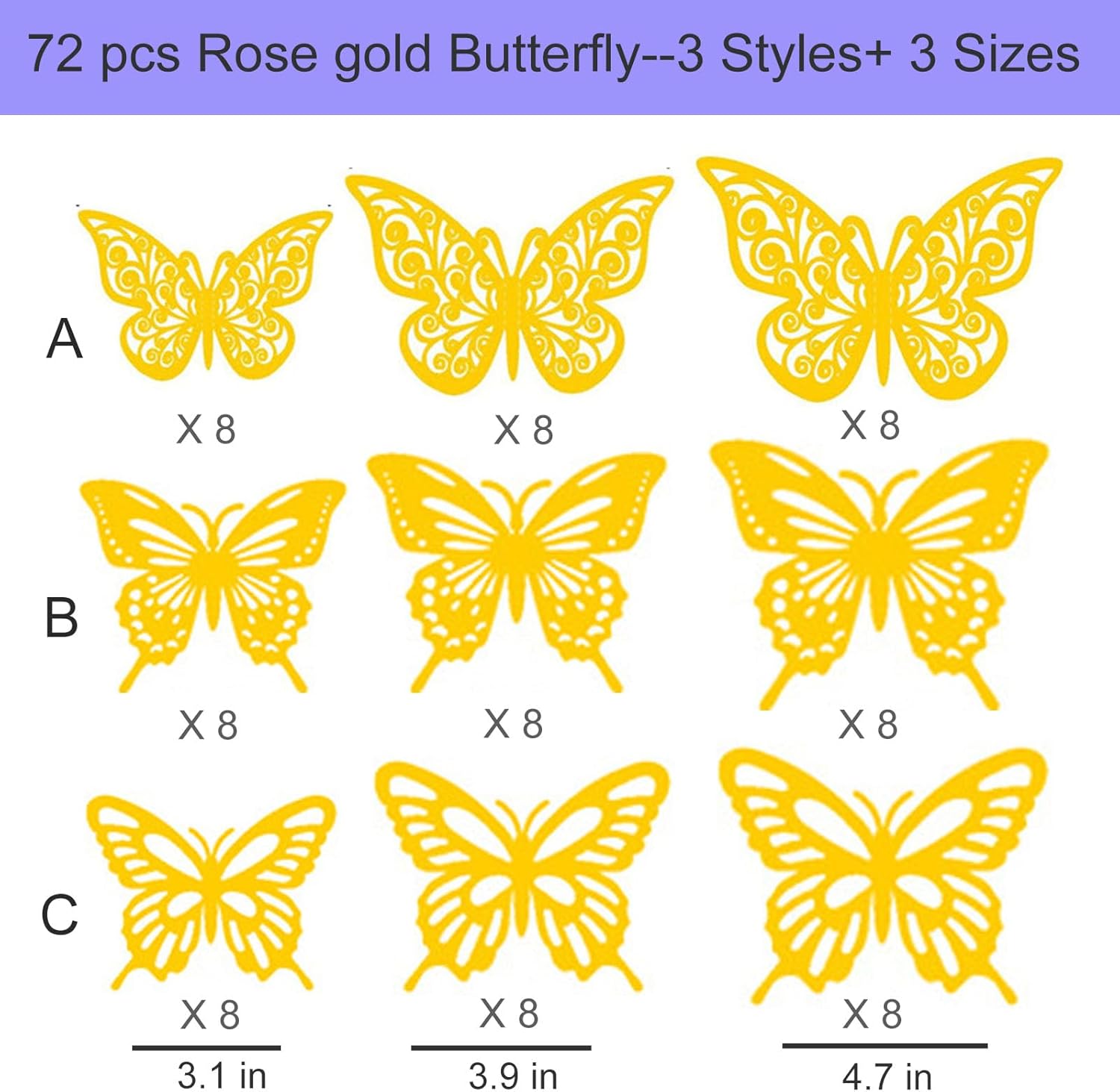 72 calcomanías de pared de mariposa, decoración de pared de mariposa 3D de Shemboli para decoración de fiesta de cumpleaños, decoración de pastel de