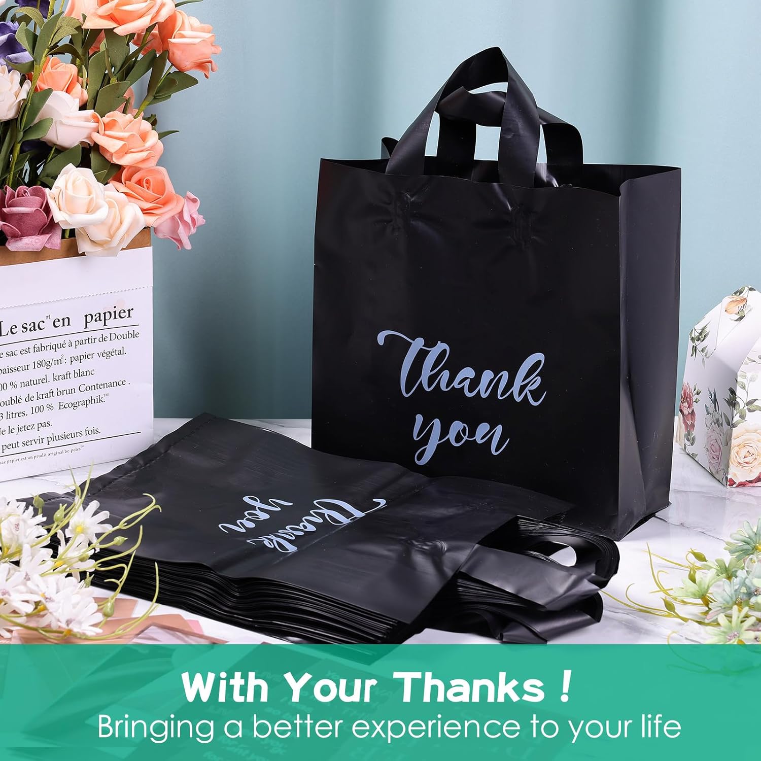 Yeaqee 100 bolsas de agradecimiento de 8 x 10 pulgadas, extragruesas con asas, bolsas reutilizables negras esmeriladas para boutique, mercancía,