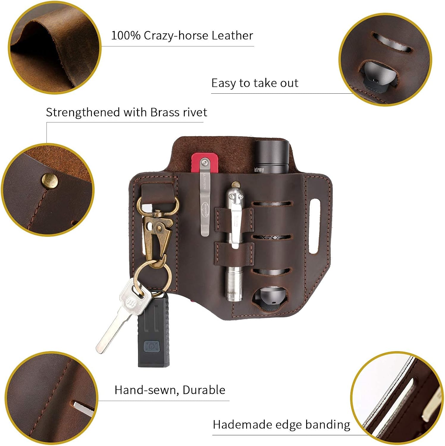 VIPERADE PJ13 Funda multiherramienta de cuero para cinturón, organizador de cinturón EDC de cuero para multiherramientas, linterna, bolígrafo, funda