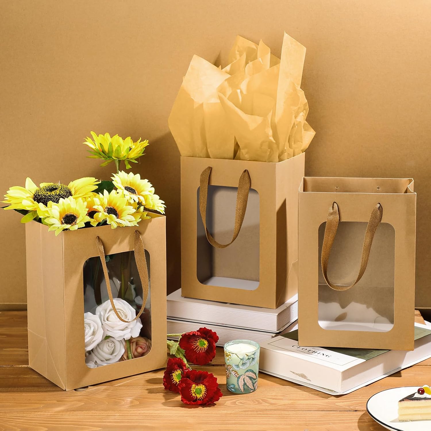 Zhanmai 36 bolsas de regalo con ventana transparente, bolsas de papel transparente con pañuelos de 10 x 7 x 5 pulgadas, bolsas de papel kraft con