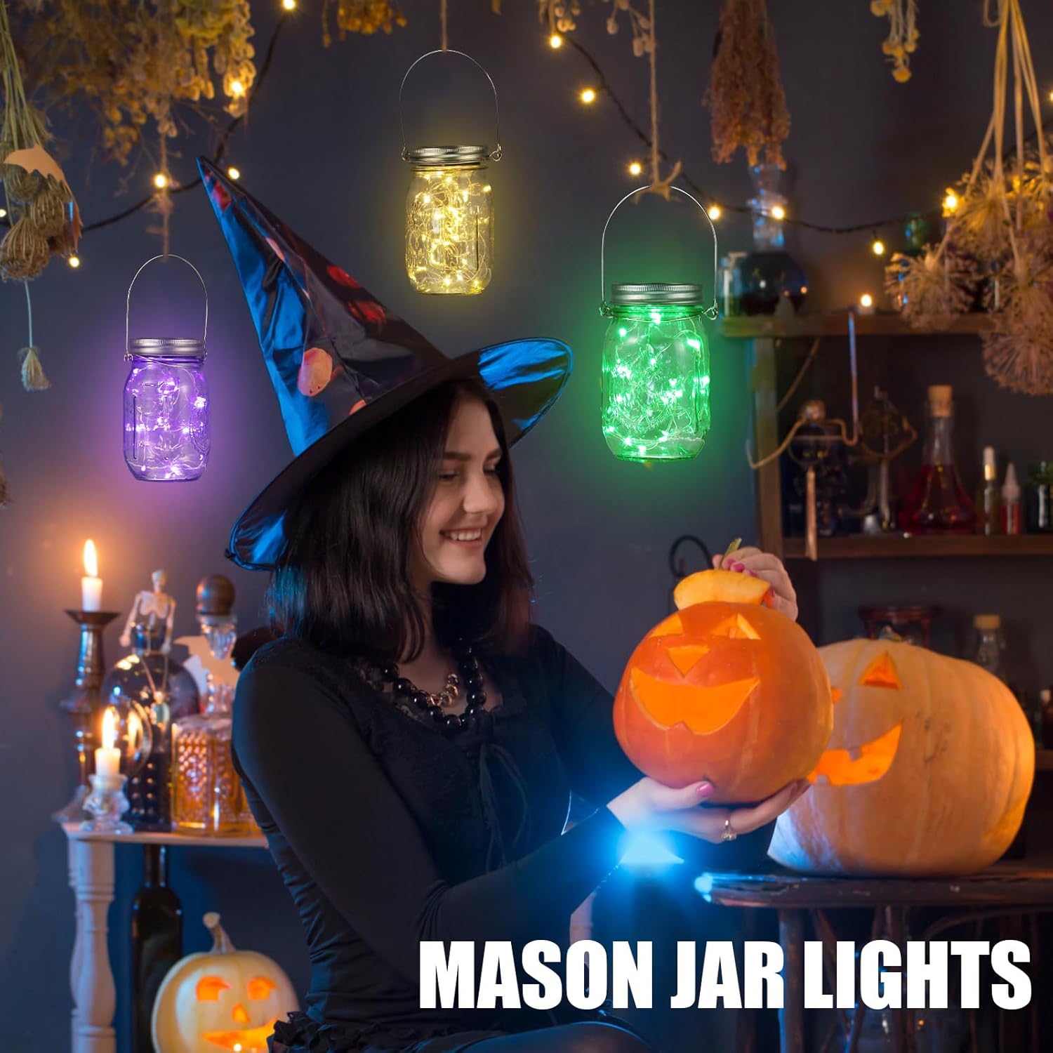 6 luces solares de tarro de masón de Halloween, 30 luces LED, cadena de luces colgantes mini linterna solar impermeable al aire libre centro de mesa