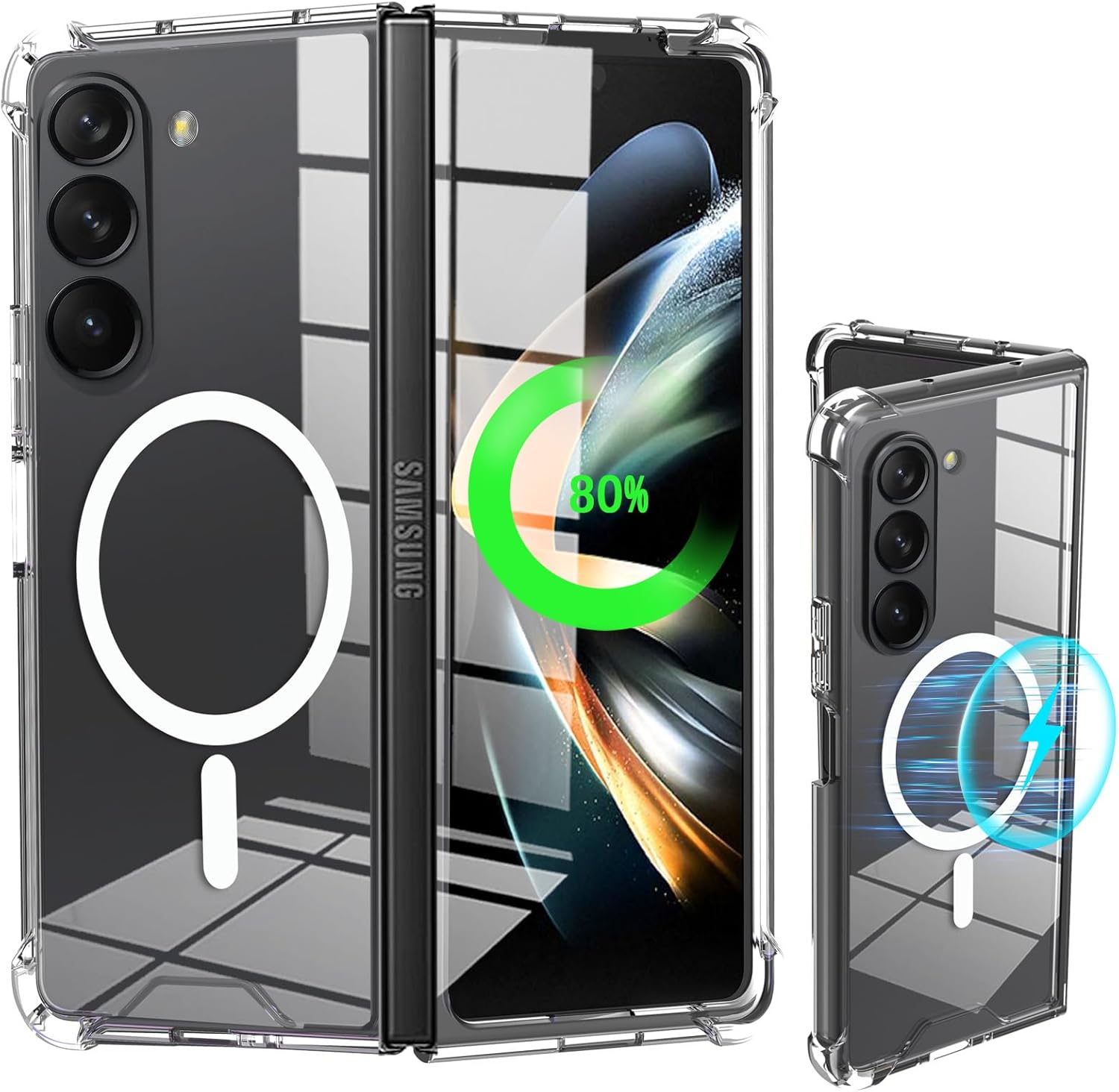 ZIYE Funda para Samsung Galaxy Z Fold 5 compatible con MagSafe Funda magnética transparente para mujeres y hombres, carga inalámbrica, transparente,