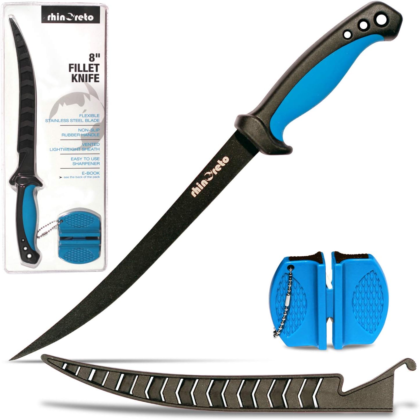Rhinoreto Cuchillo de filete de pescado y cuchillo de pesca con funda y herramienta de afilado. Cuchillo de filete para pescado y cuchillo de