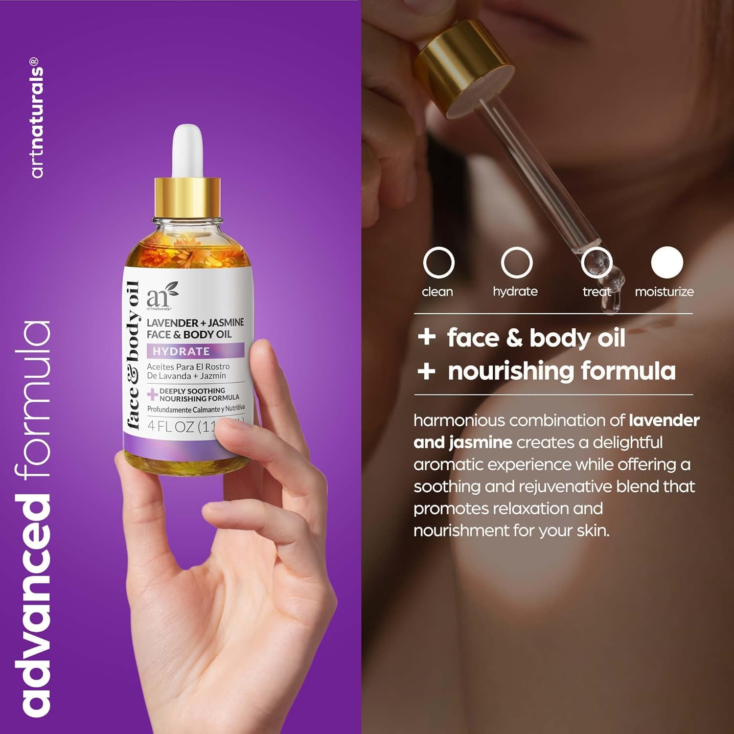 Artnaturals Aceite facial orgánico de lavanda + jazmín, 4.0 onzas, para cuerpo y cabello, 100% natural, hidrata, rejuvenece y mejora tu piel, aceite