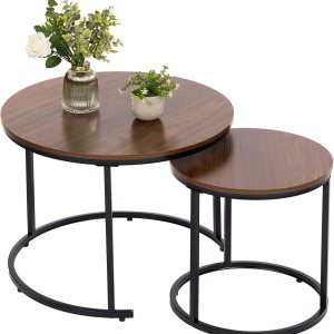 Mesa de centro anidable, mesas redondas anidables de 23.6 pulgadas, juego de 2, mesas decorativas apilables con marco de metal para sala de estar y Mesa de centro anidable, mesas redondas anidables de 23.6 pulgadas, juego de 2, mesas decorativas apilables con marco de metal para sala de estar y