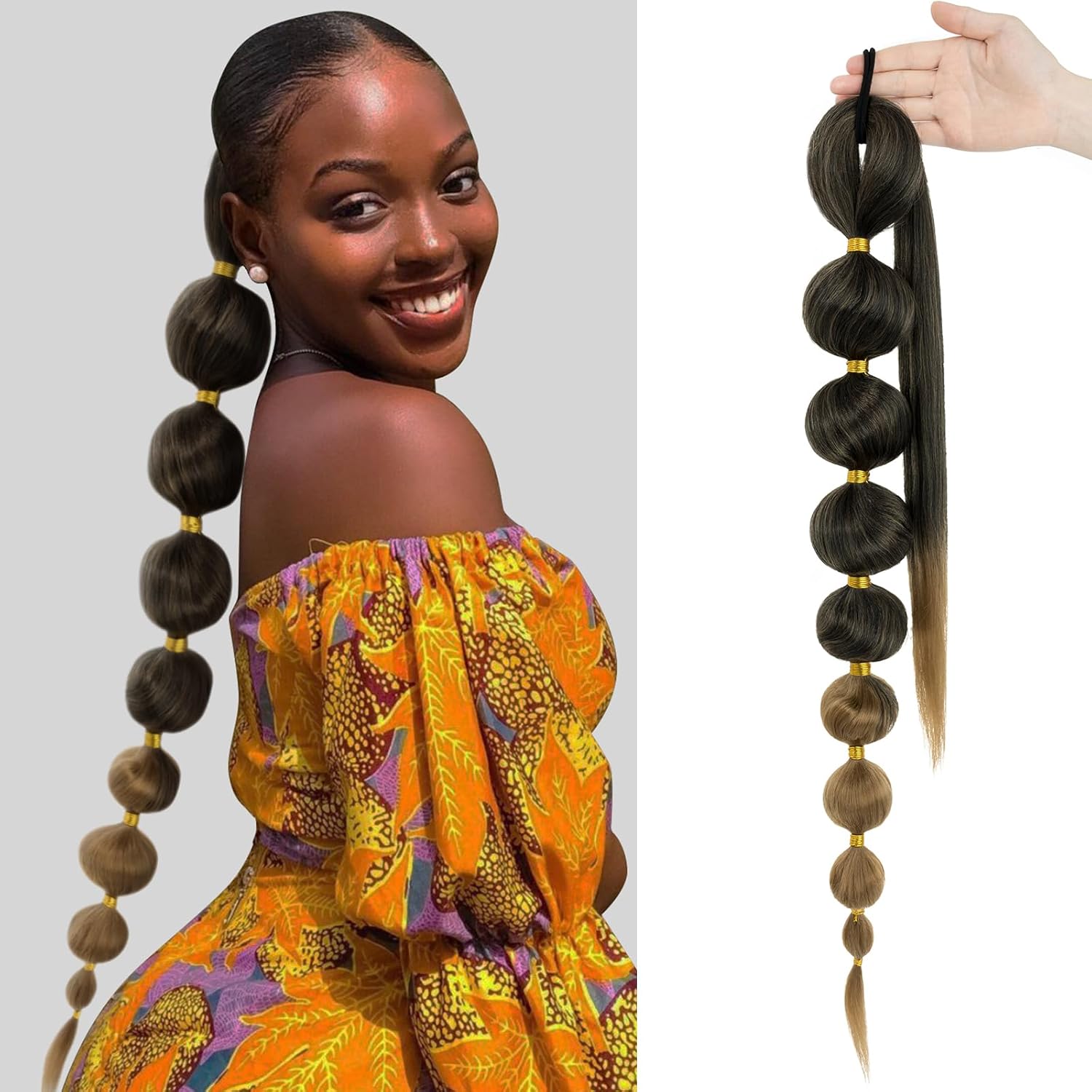 Benehair Extensión de cola de caballo larga de burbujas para mujer, cola de caballo afro negra, trenzada, con banda para el cabello, extensiones de