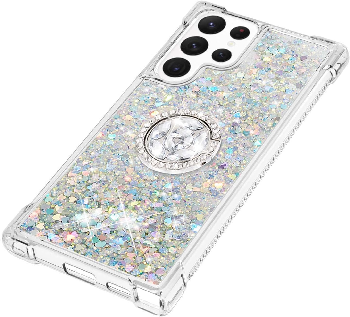 Tncavo Funda para Samsung Galaxy S23 Ultra para mujer, fundas con purpurina holográfica líquida en movimiento con anillo de diamante, TPU suave y
