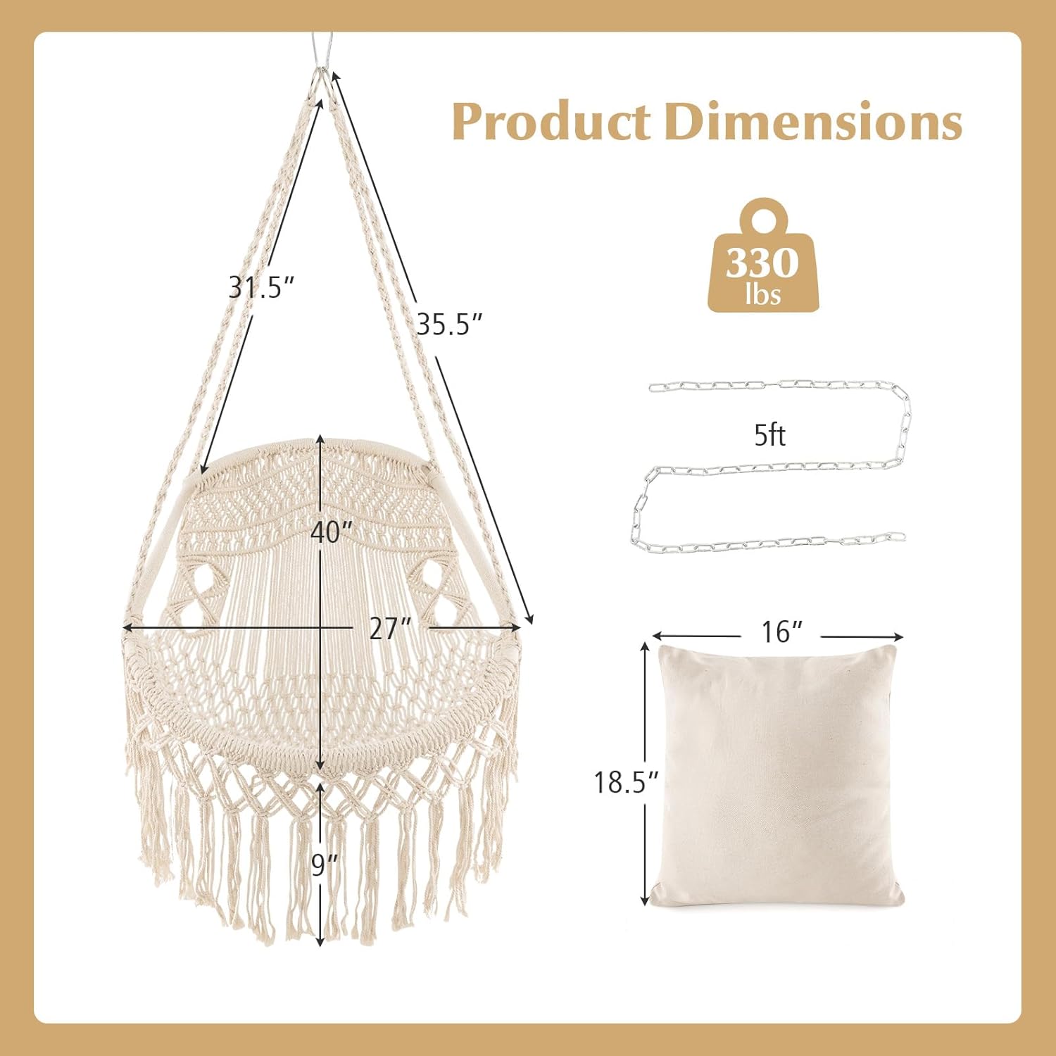HAPPYGRILL Silla hamaca colgante con cojines de asiento suaves, columpio de macramé para interiores y exteriores, cuerda y cadena resistentes, silla