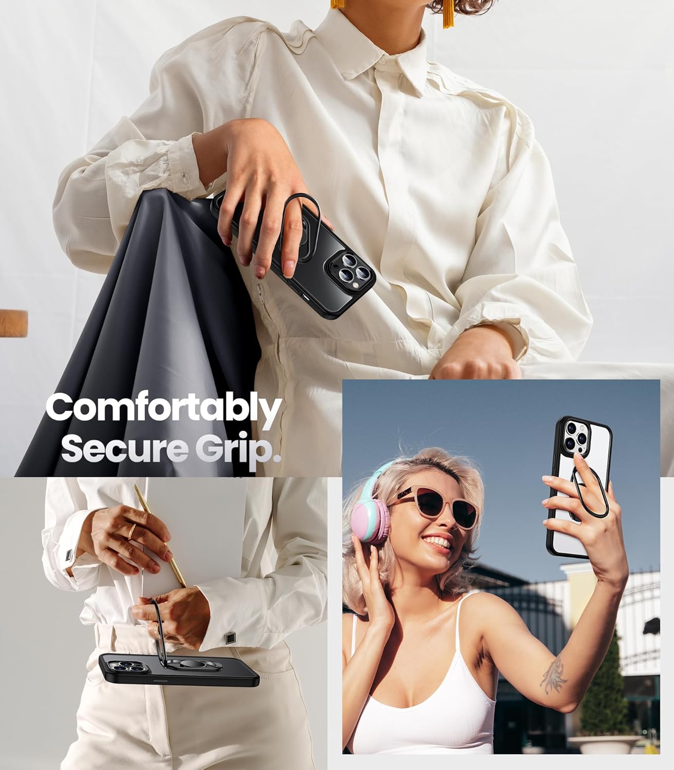 Shields Up Funda para iPhone 15 Pro con soporte, funda transparente con soporte de doble anillo ajustable y plegable a prueba de golpes para iPhone