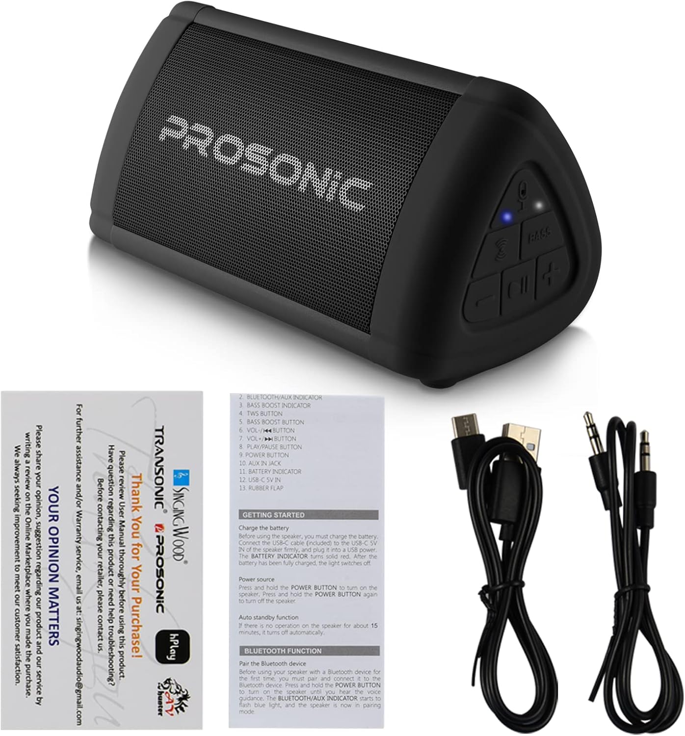 Prosonic BT3 – Altavoz Bluetooth inalámbrico portátil con sonido estéreo de 10 W y refuerzo de graves – Sonido rico y graves intensos – Bluetooth