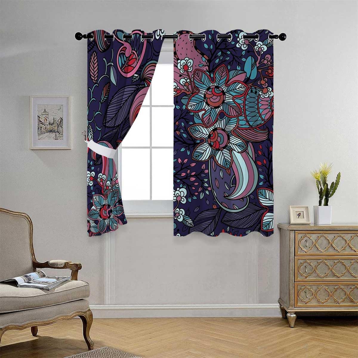 YANFENQI Cortina para Dividir Habitacion Retro Floral Graffiti Grommet Short Japanese Sliding Door Curtain Wall 55Inch Width by 45Inch Length,2