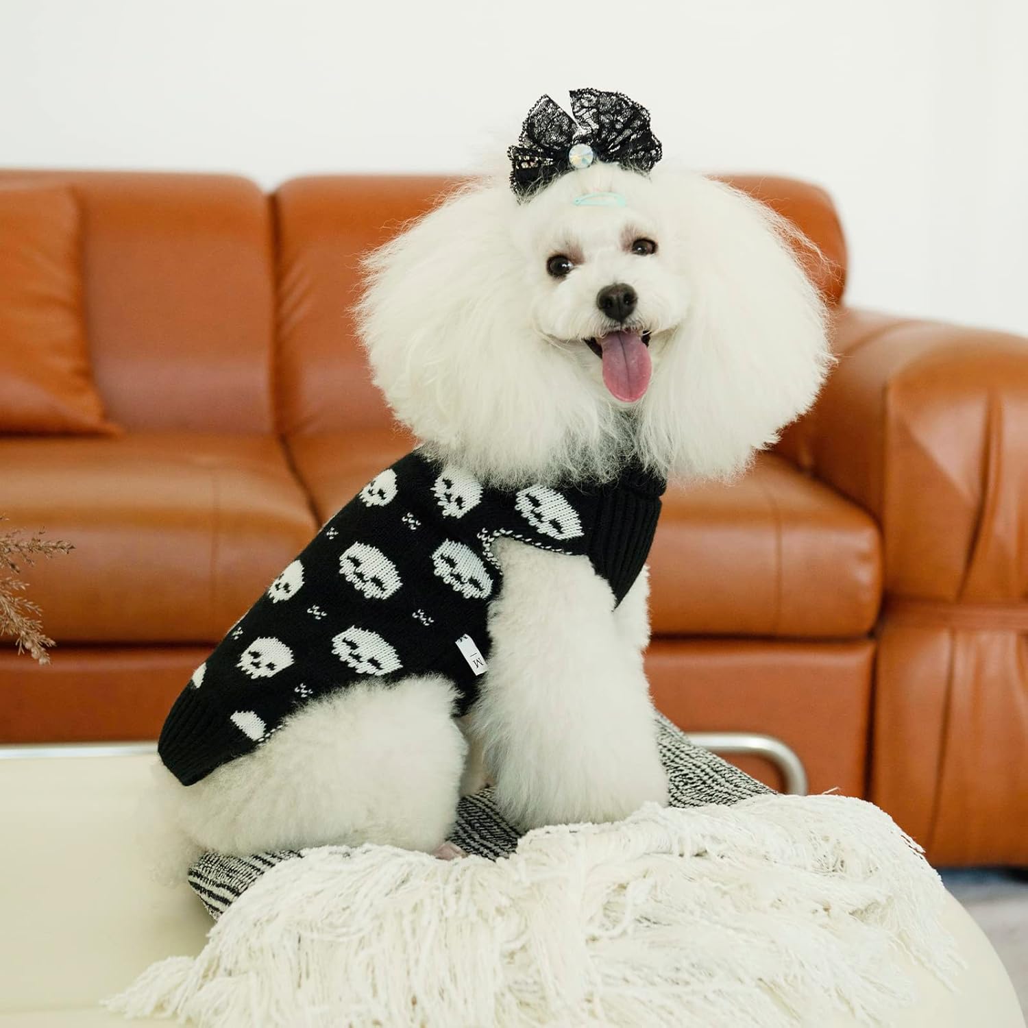 CuteBone Suéter de calavera para perros medianos, ropa de invierno para mascotas, suéter de punto cálido con agujero para arnés