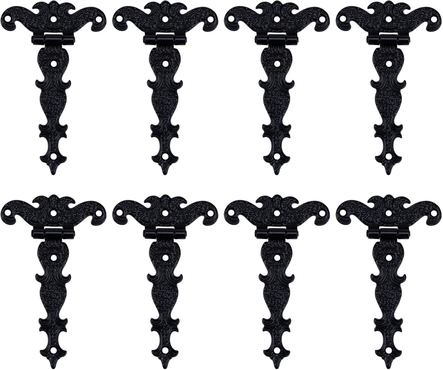 Paquete de 8 bisagras decorativas retro con diseño de grabado, bisagras de caja con correa en T, bisagras de gabinete de ventanas de 4.45 x 2.72