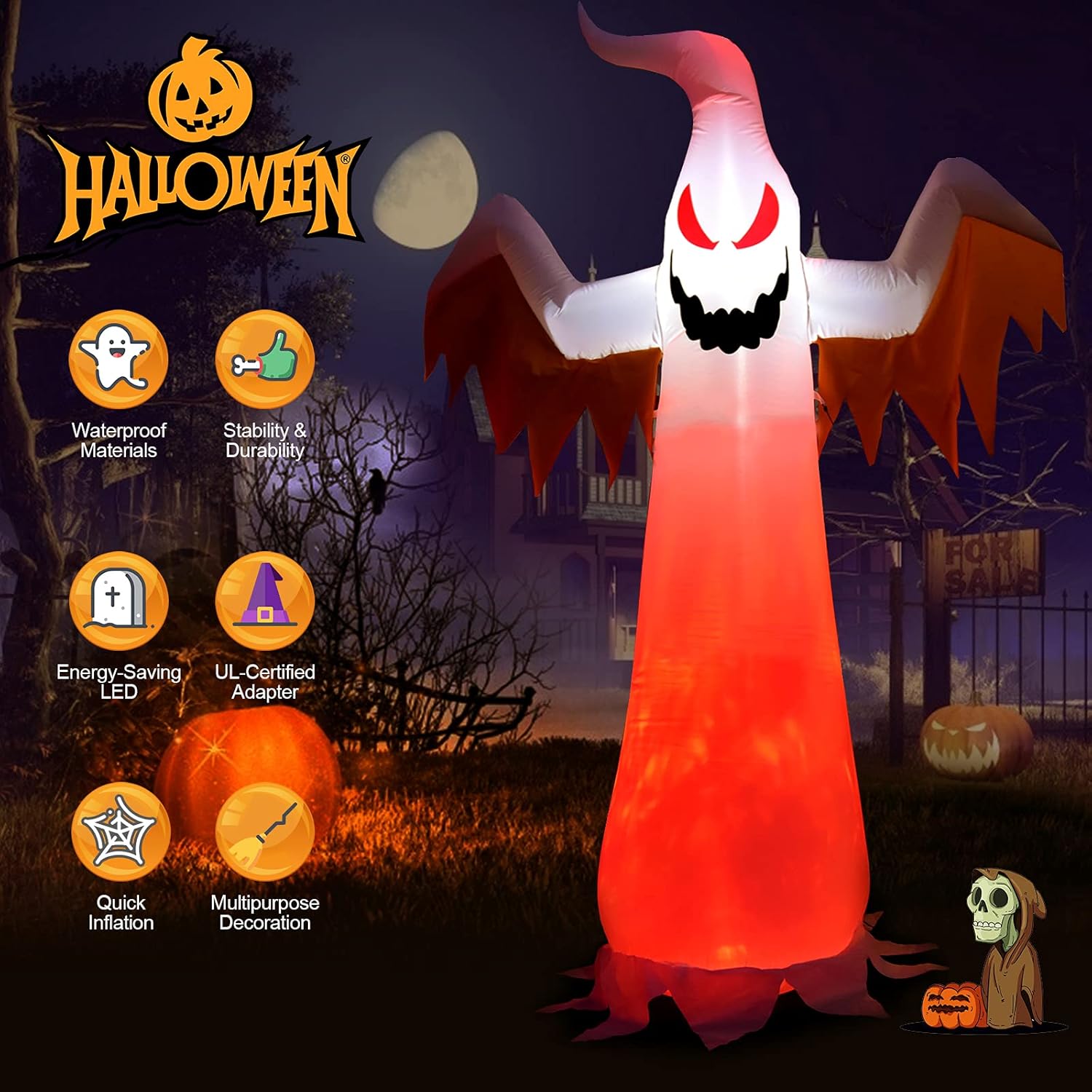 COSTWAY Fantasma blanco inflable de Halloween de 8 pies con luces LED de llama giratoria, decoración de fantasma gigante para patio al aire libre,
