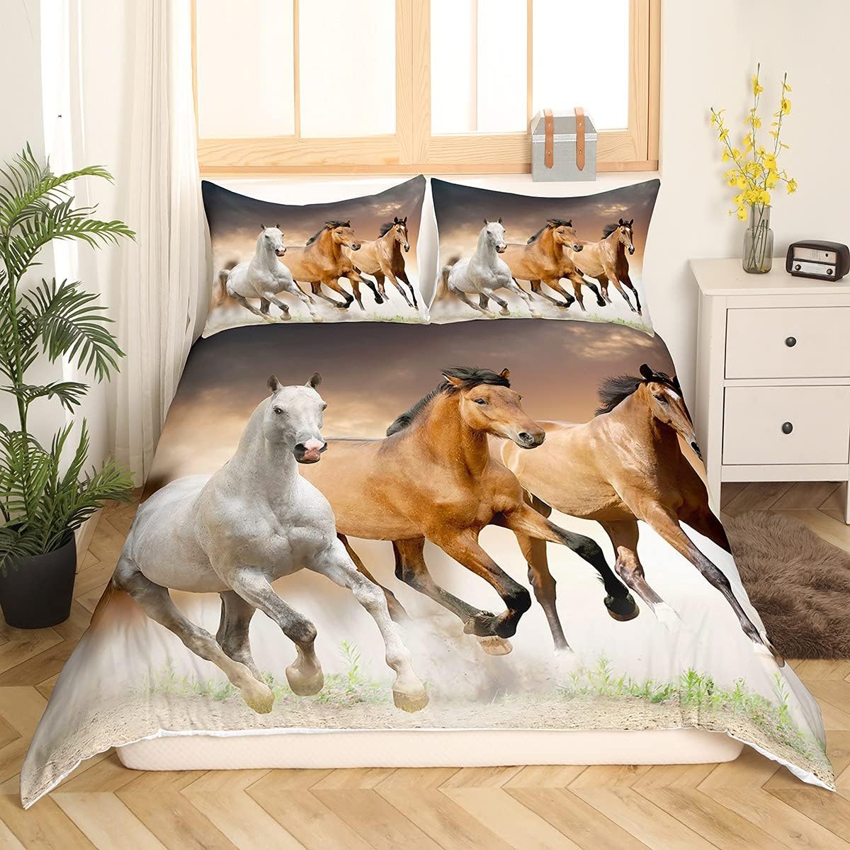 Erosebridal – Juego de funda de edredón con diseño estampado de caballos color café, juego de cama suave y ligero para niños y adolescentes, tamaño